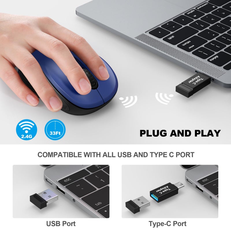WisFox 2.4G Wireless Mouse for Laptop, Ergonomic Computer Mouse with USB Receiver and Type-C Adapter, 3 Adjustable Levels, 6 Button Cordless Wireless Mice for Windows Mac PC Notebook (Blue) - Image 2